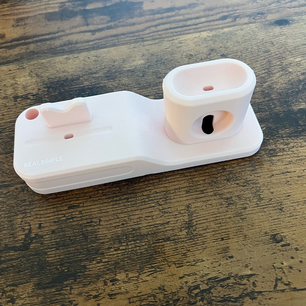 Real Simple light pink iPhone, Apple Watch, AirPod charger stand